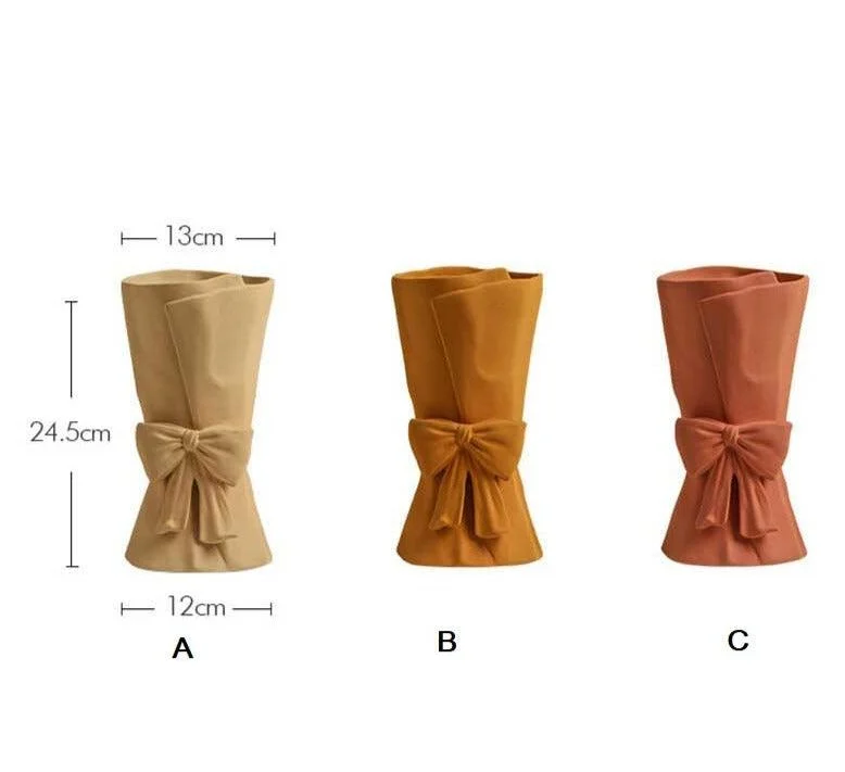 Minimalist Ceramic Book Vase For Flowers with Bowtie -