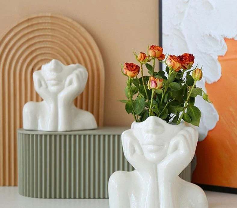 Minimalist Ceramic Vintage Lady Head Vase -
