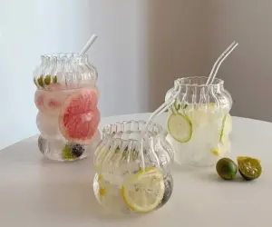 Minimalist Chubby Ribbed Glass Cups with Sustainable Glass Straw