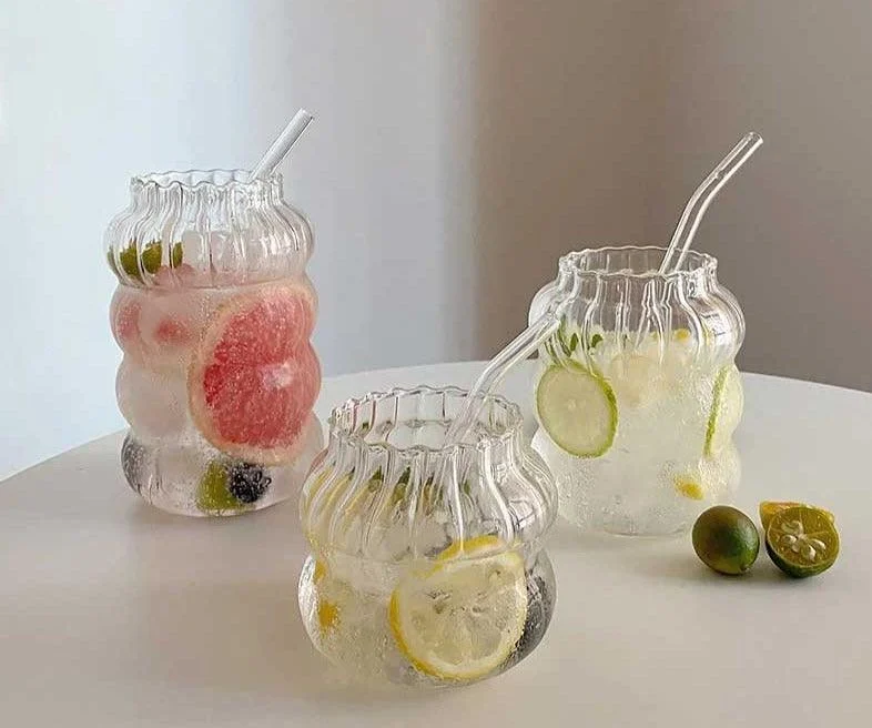 Minimalist Chubby Ribbed Glass Cups with Sustainable Glass Straw -