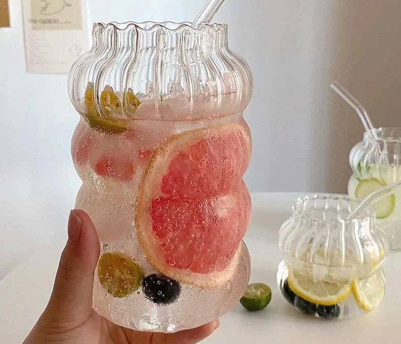 Minimalist Chubby Ribbed Glass Cups with Sustainable Glass Straw -