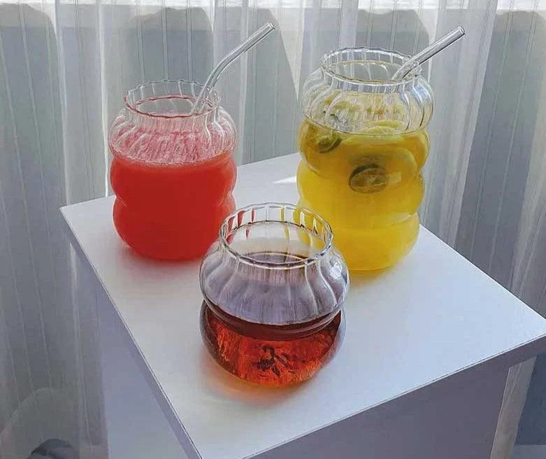 Minimalist Chubby Ribbed Glass Cups with Sustainable Glass Straw -