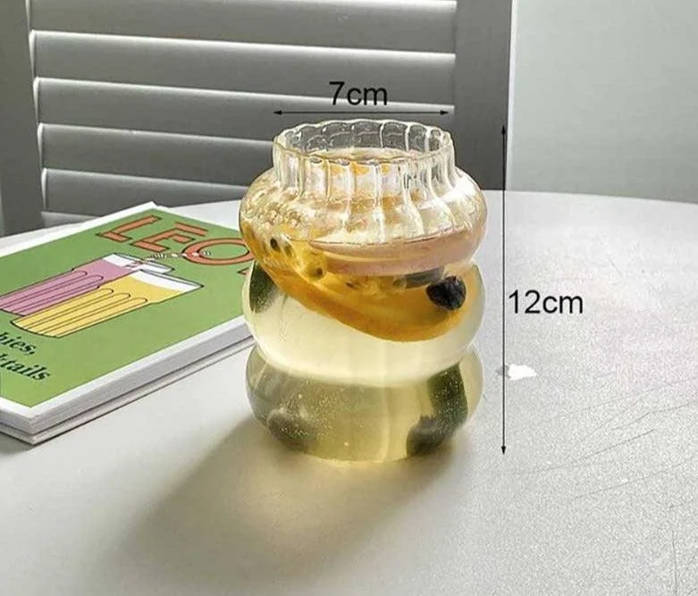 Minimalist Chubby Ribbed Glass Cups with Sustainable Glass Straw -