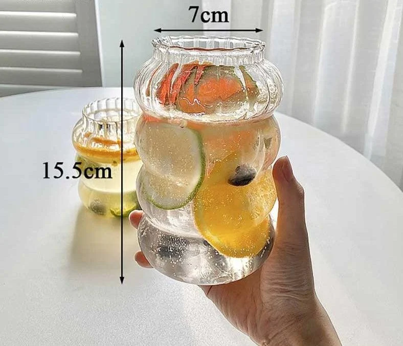 Minimalist Chubby Ribbed Glass Cups with Sustainable Glass Straw -