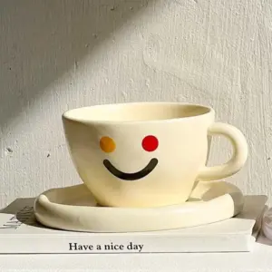 Minimalist Funny Ceramic Smiley Face Mug Saucer Set - 