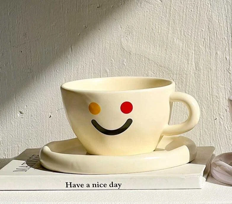 Minimalist Funny Ceramic Smiley Face Mug Saucer Set -