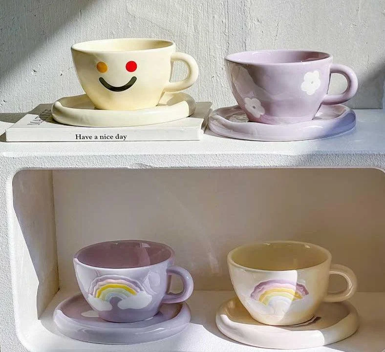 Minimalist Funny Ceramic Smiley Face Mug Saucer Set -