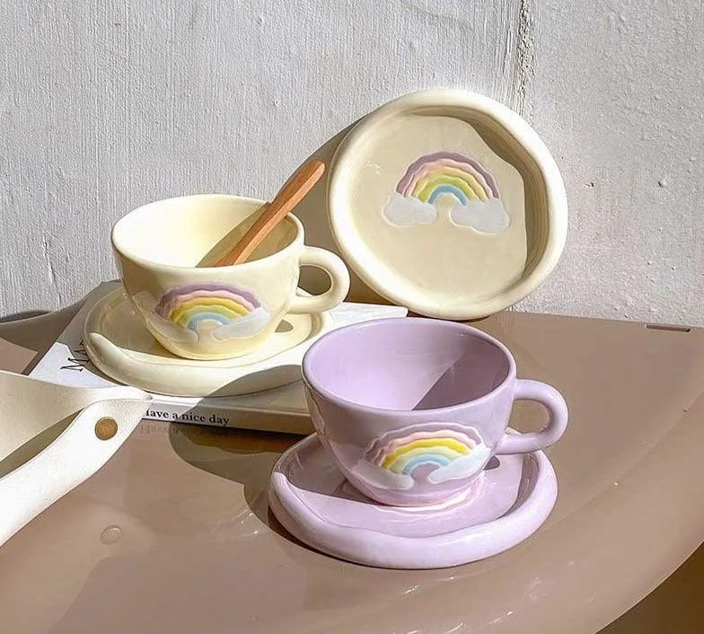 Minimalist Funny Ceramic Smiley Face Mug Saucer Set -