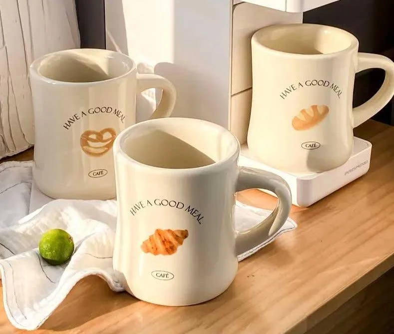 Minimalist Retro Hand Painted Ceramic Croissant Mug -