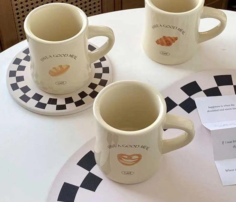 Minimalist Retro Hand Painted Ceramic Croissant Mug -