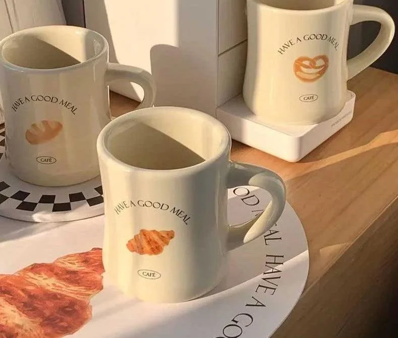 Minimalist Retro Hand Painted Ceramic Croissant Mug -