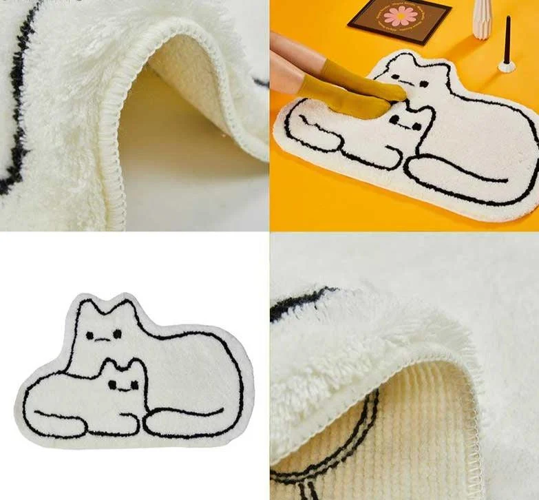 Minimalist Ultra Soft Fluffy White Cat Shaped Rug -