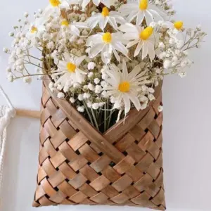 Minimalist Wall Hanging Woven Bamboo Basket with Floral Bouquet - 
