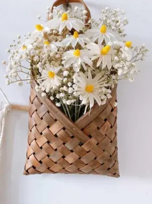 Minimalist Wall Hanging Woven Bamboo Basket with Floral Bouquet