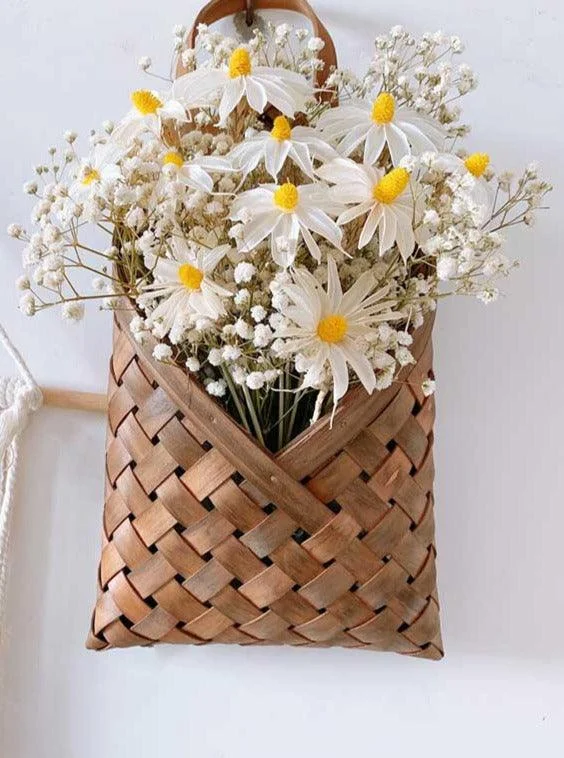 Minimalist Wall Hanging Woven Bamboo Basket with Floral Bouquet - 