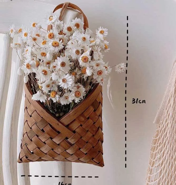 Minimalist Wall Hanging Woven Bamboo Basket with Floral Bouquet -