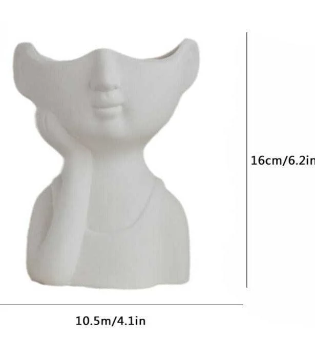 Minimalist White Ceramic Lady Face Planter -