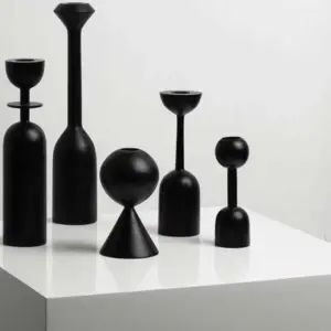 Modern Black Wood Tapered Candle Holder - 