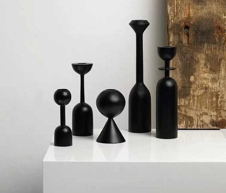 Modern Black Wood Tapered Candle Holder -