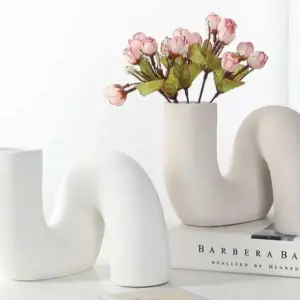 Modern Cream Ceramic Twisted Squiggle Vase - 