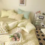 MorandiColorChekeredPatternBeddingAestheticBedroom13