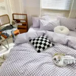 MorandiColorChekeredPatternBeddingAestheticBedroom7