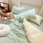 MorandiColorChekeredPatternBeddingAestheticBedroom9