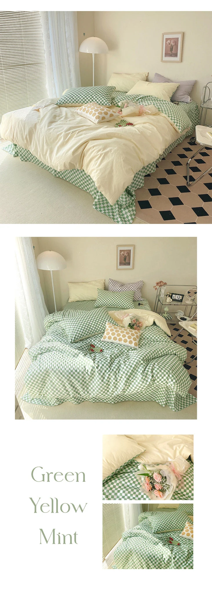 Green Mint Yellow Checkered Pattern Bedsheets For Aesthetic Room