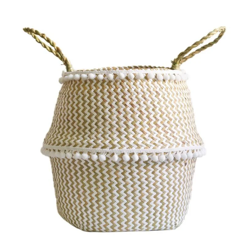 Natural Seaweed Woven Handheld Toy Storage Basket Lacework Nordic Style Plant Flower Pots Hand Knotted Foldable