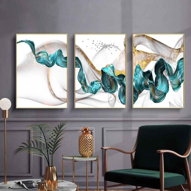 Nordic Abstract Color Spalsh Blue Golden Canvas Painting Poster And Print Unique Decor Wall Art Pictures