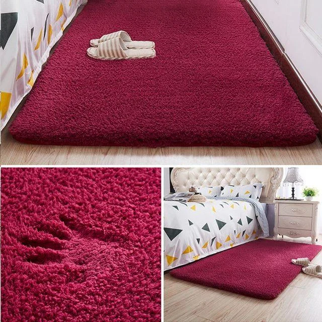 Nordic Brown Burgundy Fluffy Carpet Small Large Bedroom Rug Living Room -