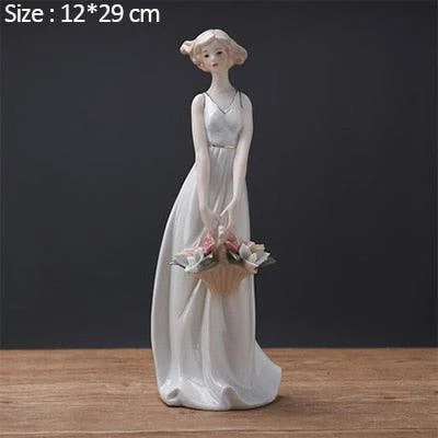 Nordic Ceramic Beauty Girl Flower Basket Sculptures and Statues Handicraft -