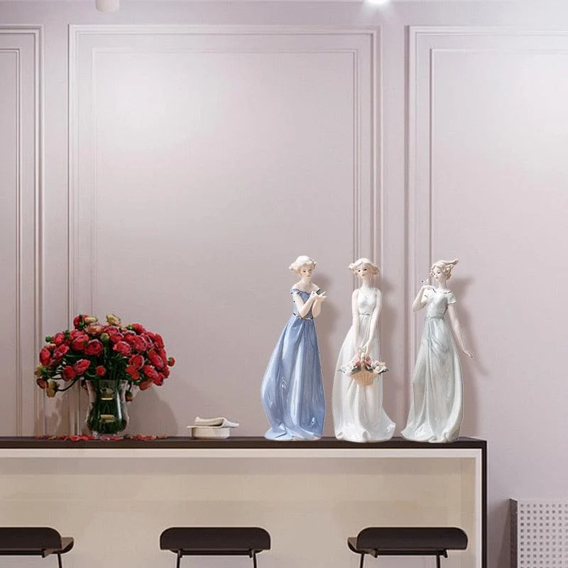 Nordic Ceramic Beauty Girl Flower Basket Sculptures and Statues Handicraft -