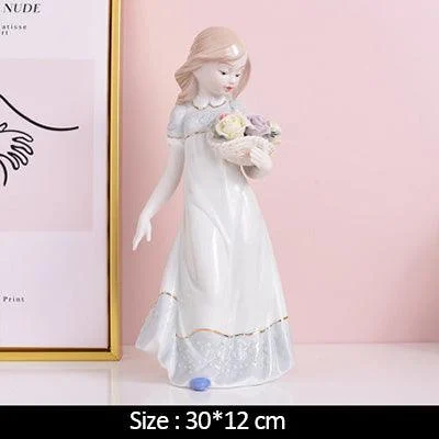 Nordic Ceramic Beauty Girl Flower Basket Sculptures and Statues Handicraft -