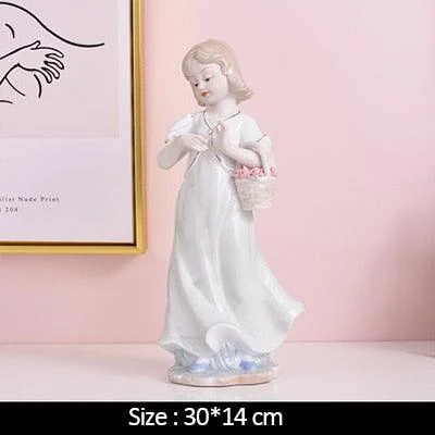 Nordic Ceramic Beauty Girl Flower Basket Sculptures and Statues Handicraft -
