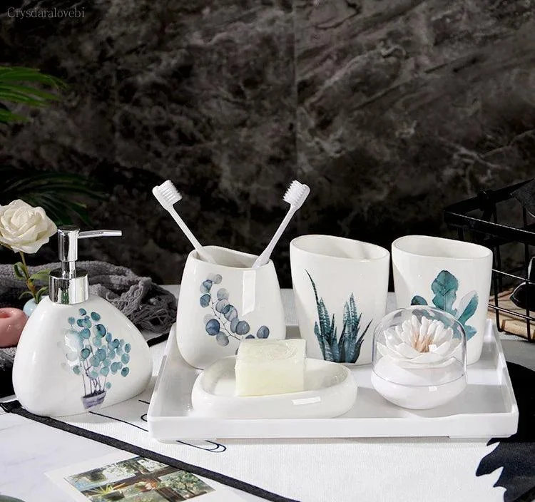 Nordic Green Plants Ceramic Bath Set: Elegant Bathroom Accessories -