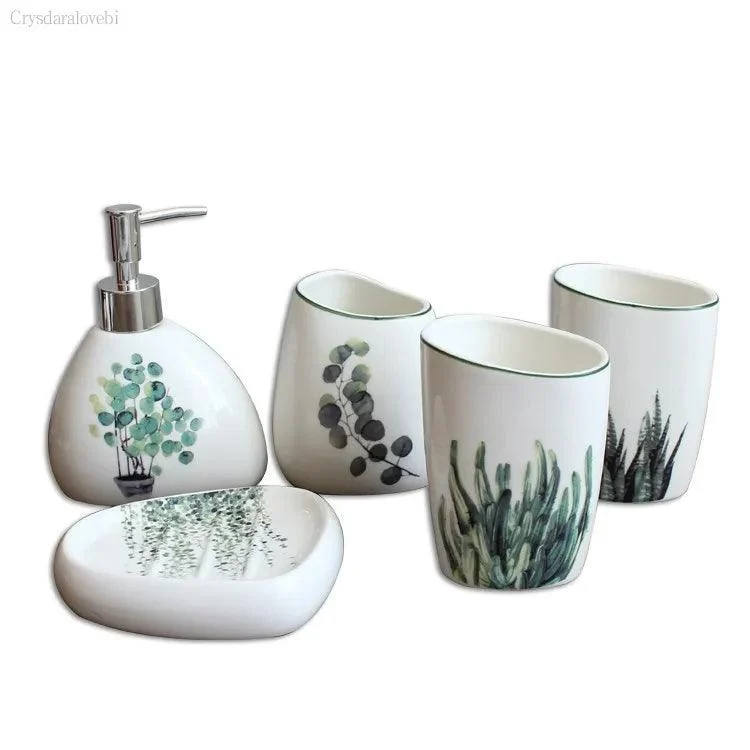 Nordic Green Plants Ceramic Bath Set: Elegant Bathroom Accessories -