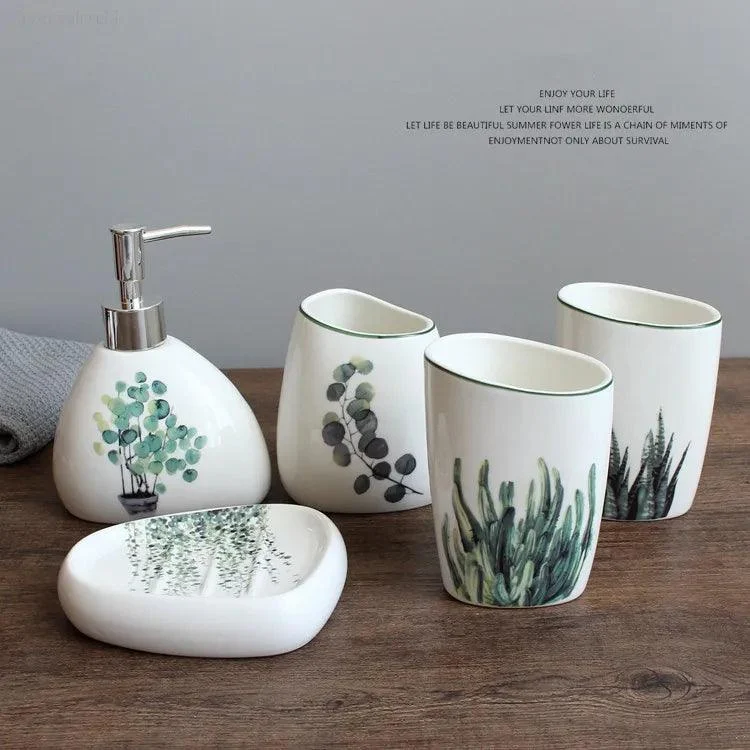 Nordic Green Plants Ceramic Bath Set: Elegant Bathroom Accessories -