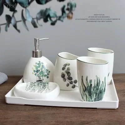 Nordic Green Plants Ceramic Bath Set: Elegant Bathroom Accessories -