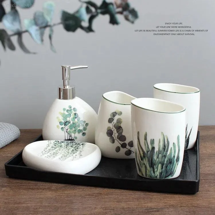 Nordic Green Plants Ceramic Bath Set: Elegant Bathroom Accessories -