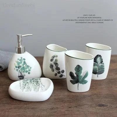 Nordic Green Plants Ceramic Bath Set: Elegant Bathroom Accessories -
