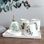 Nordic Green Plants Ceramic Bath Set Elegant Bathroom Accessories