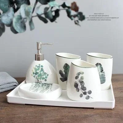 Nordic Green Plants Ceramic Bath Set: Elegant Bathroom Accessories -