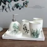 Nordic Green Plants Ceramic Bath Set Elegant Bathroom Accessories