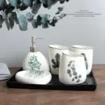Nordic Green Plants Ceramic Bath Set Elegant Bathroom Accessories