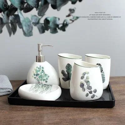 Nordic Green Plants Ceramic Bath Set: Elegant Bathroom Accessories -