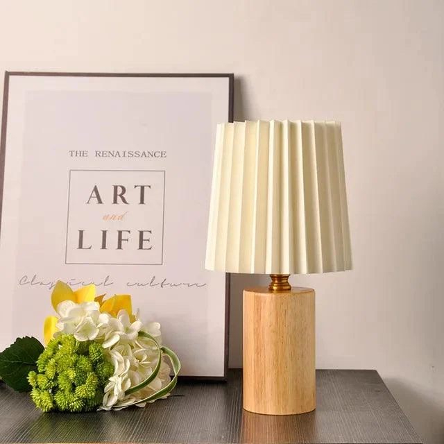 Nordic White and Wood Pleated Decorative Lamp Lighting Bedroom Bedside -