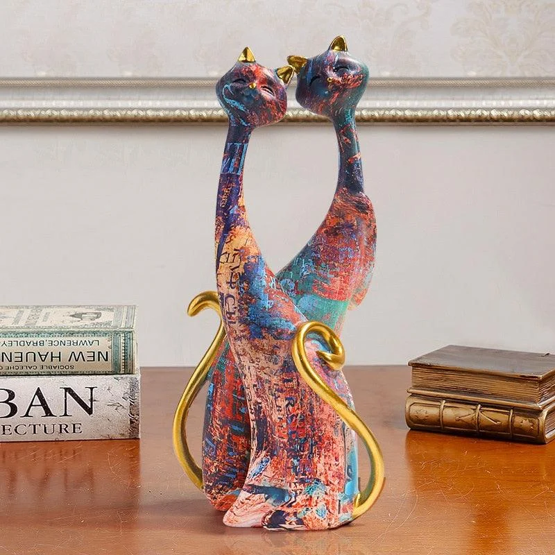 Oil Painted Couple Cat Home Decor Sculpture -