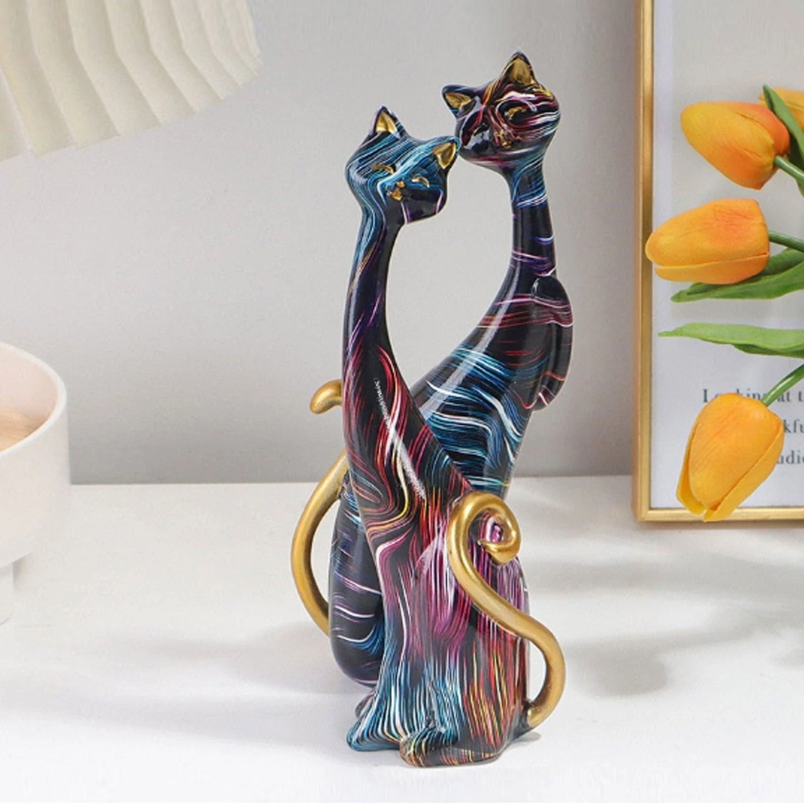 Oil Painted Couple Cat Home Decor Sculpture -