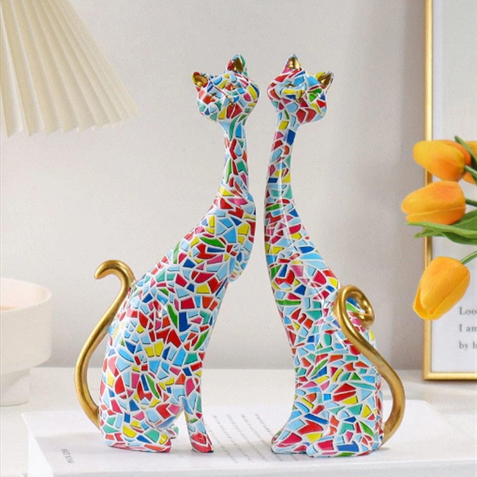 Oil Painted Couple Cat Home Decor Sculpture -